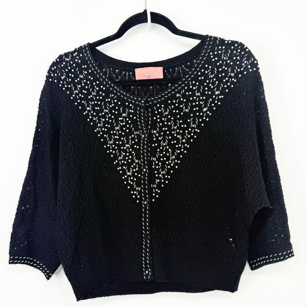 Manoush Black Knit Pearl Seed Beaded Lightweight Holiday Cardigan Sweater